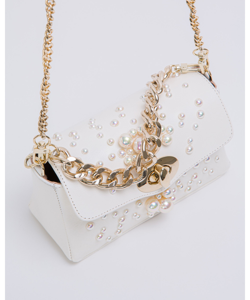 White supple leather pearl-embellished shoulder bag