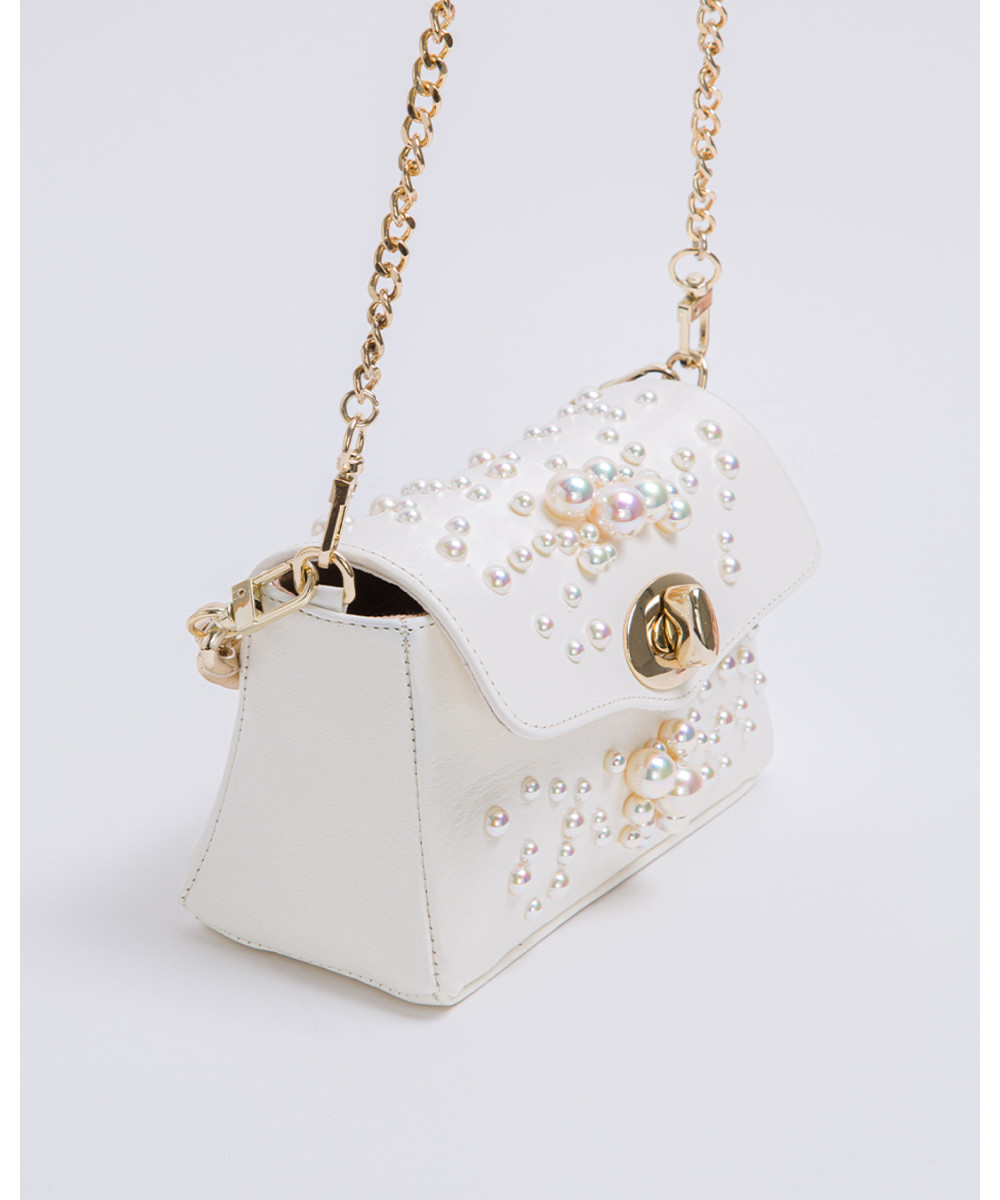 White Supple Leather Pearl-embellished Shoulder Bag