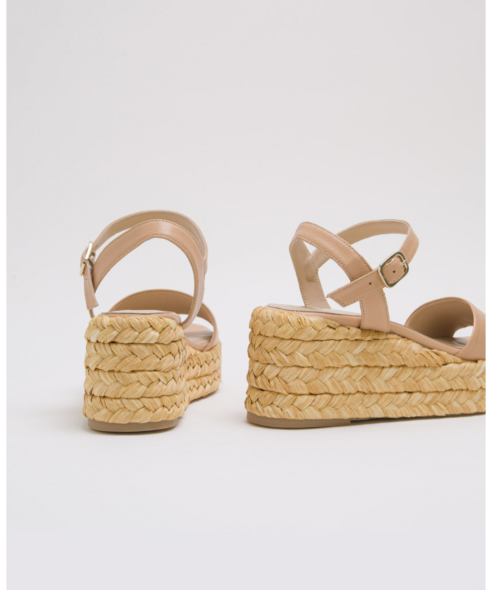 Tan Leather Mid High Raffia Platform Sandals