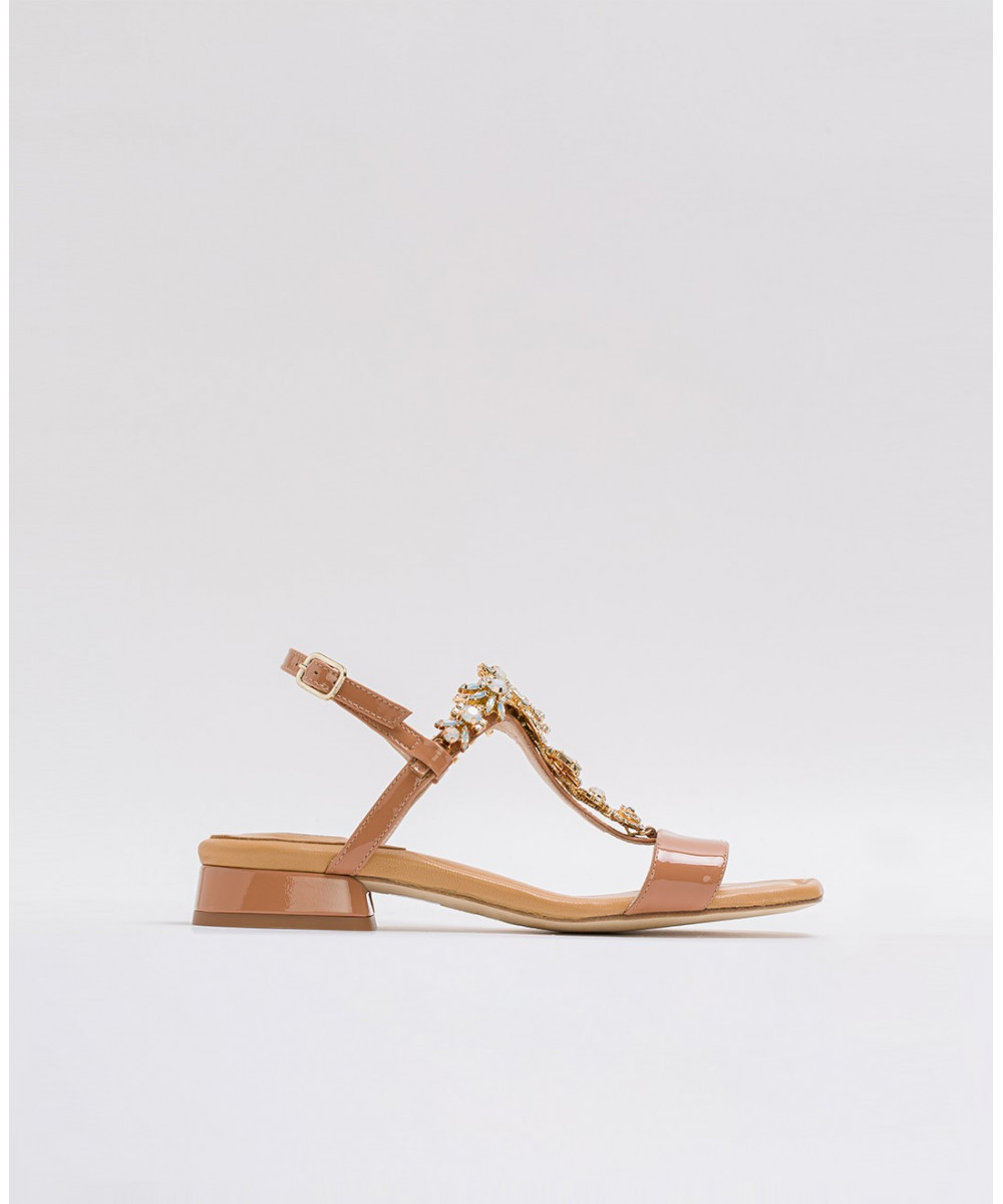 Tan soft patent leather crystal-embellished backless sandals