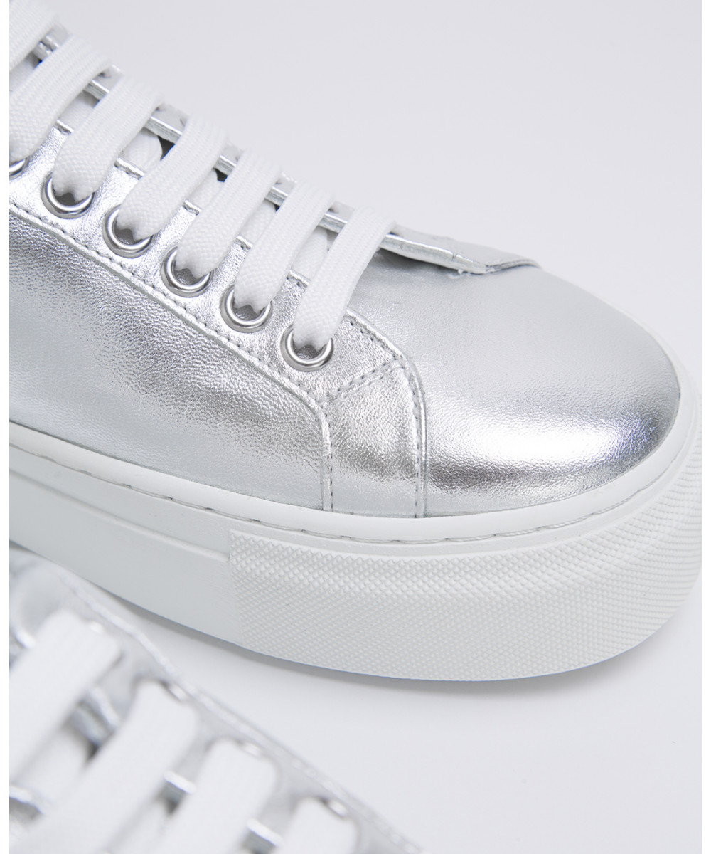 Silver metallic leather platform sneakers