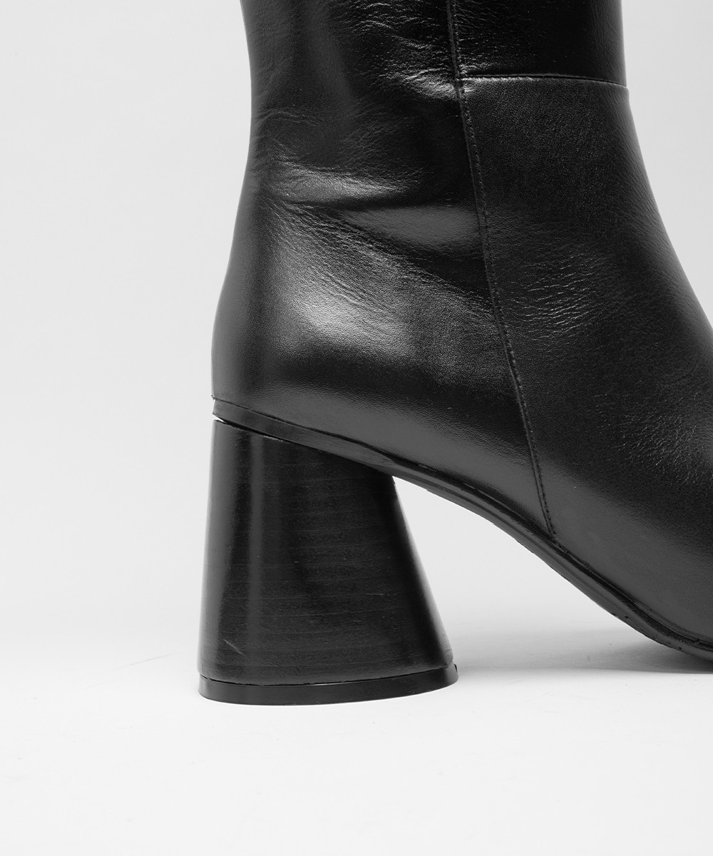 Black calf leather flared heel high boots