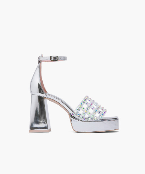 Crystal-embellished PVC and metallic leather platforms