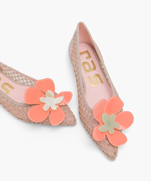 Nude leather-trimmed mesh coral bloom flats