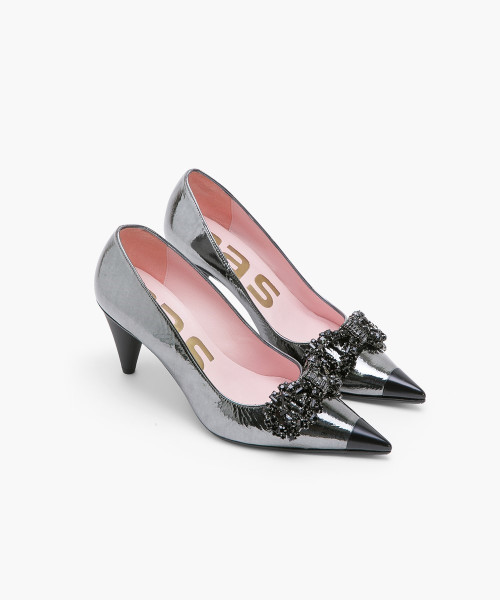 Pewter pumps mid clearance heel