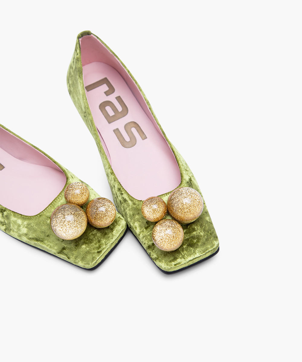 Green velvet embellished square toe flats