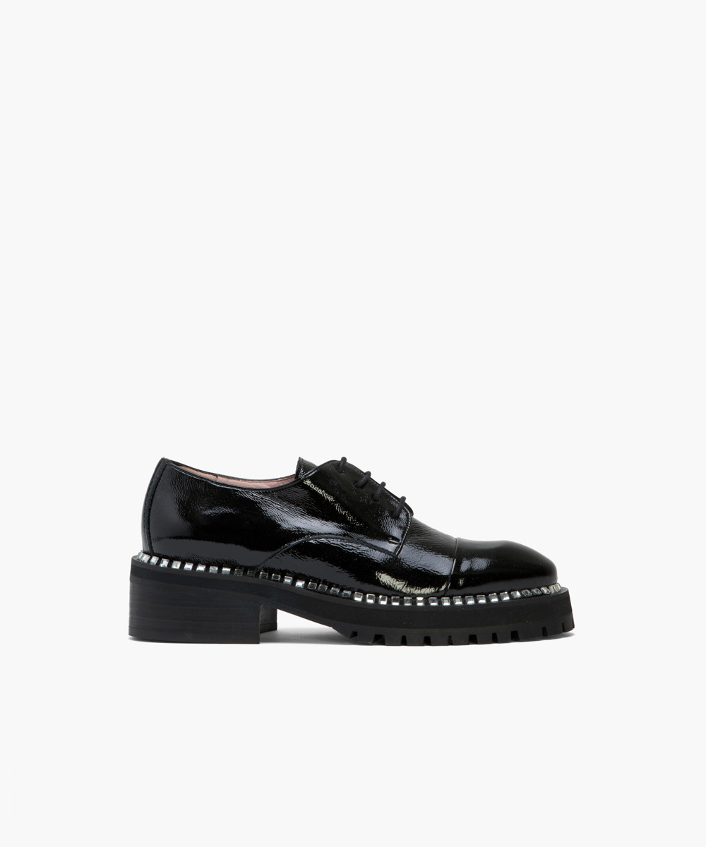 Black crinkled patent leather crystal-embellished lace-up loafers